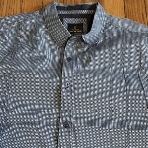 prAna Slim Short Sleeve Shirt Men Sz M Gray Geometric Organic Cotton Button Up